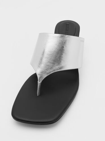 Metallic Square-Toe Heeled Thong Sandals, Silver, hi-res