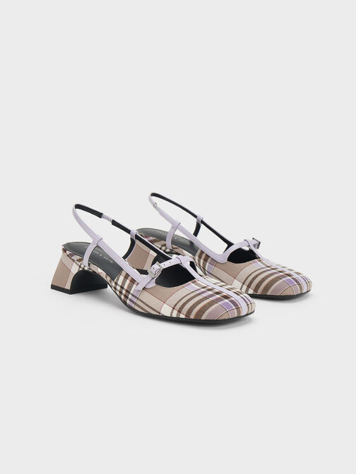 Checkered T-Bar Slingback Pumps, Taupe, hi-res