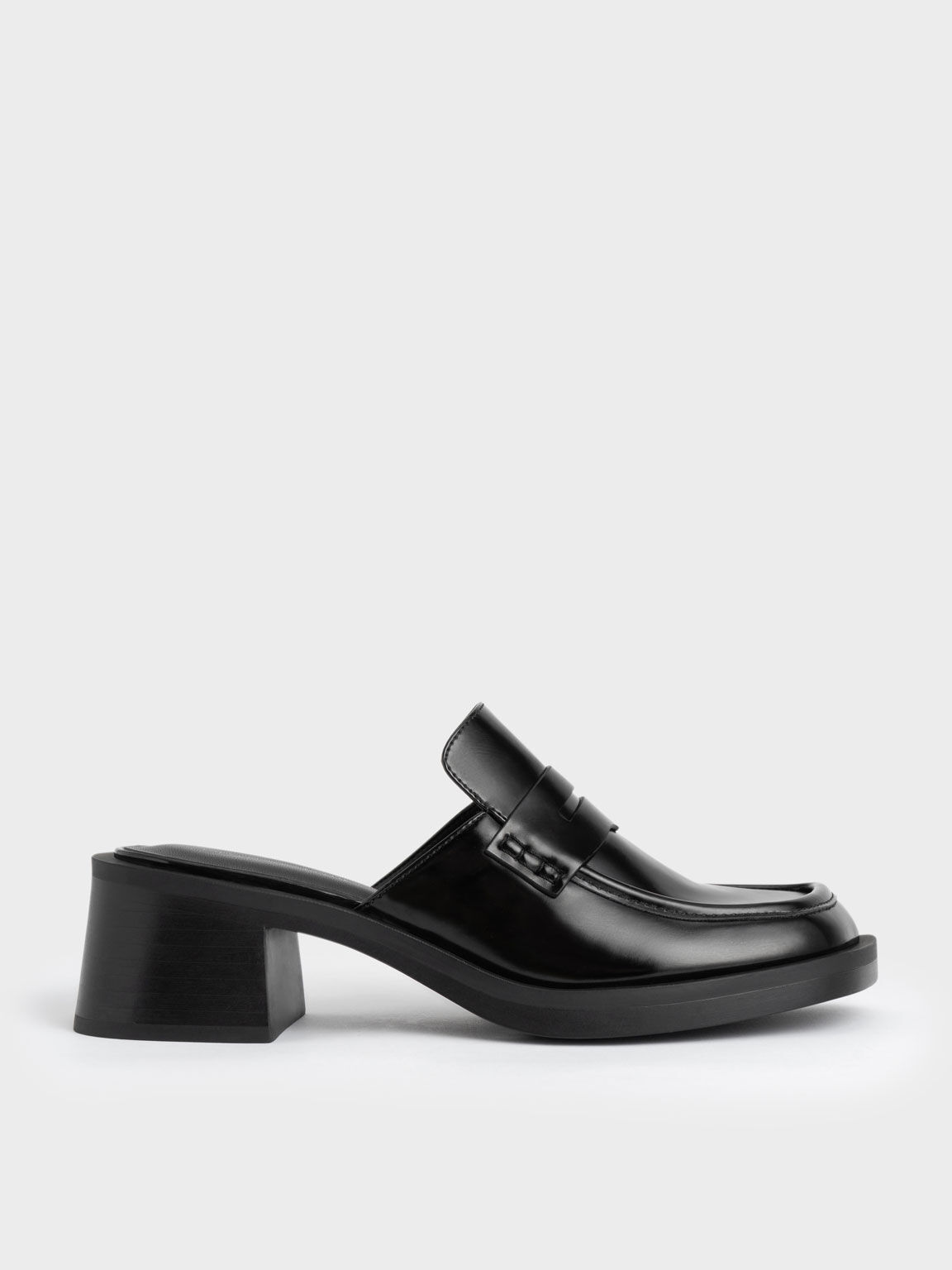 Penny Loafer Block Heel Mules, Black, hi-res