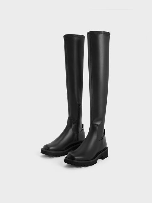 Platform Thigh High Boots, Black, hi-res