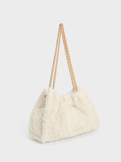 Cyrus Furry Slouchy Chain-Handle Bag, Cream, hi-res
