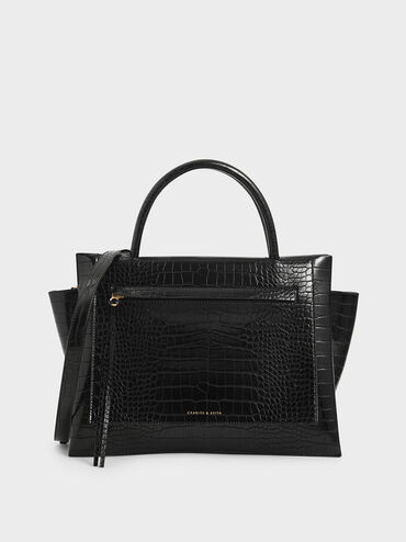 Large Croc-Effect Trapeze Handbag, Black, hi-res