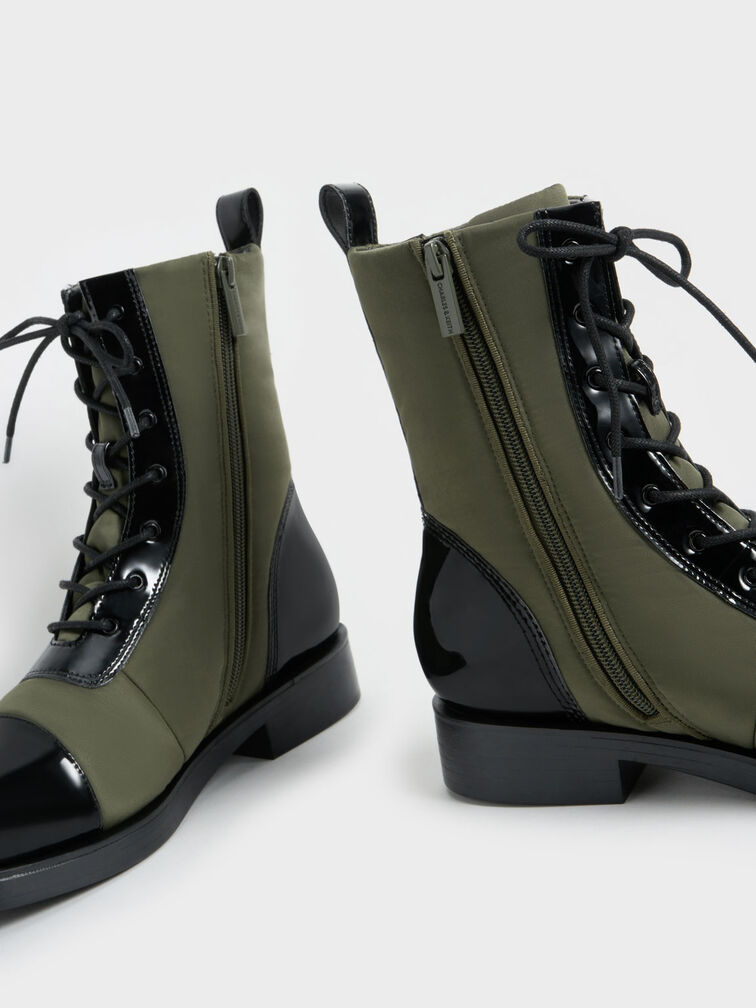 Nylon & Patent Combat Boots, Olive, hi-res