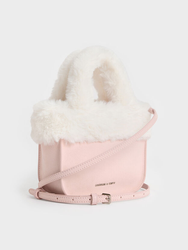 Girls' Textured Fur-Trim Tote Bag, Pink, hi-res