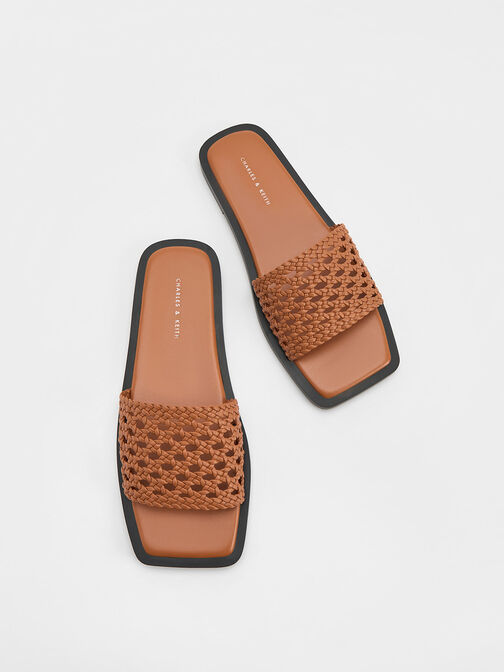 Woven Square-Toe Slides, Cognac, hi-res