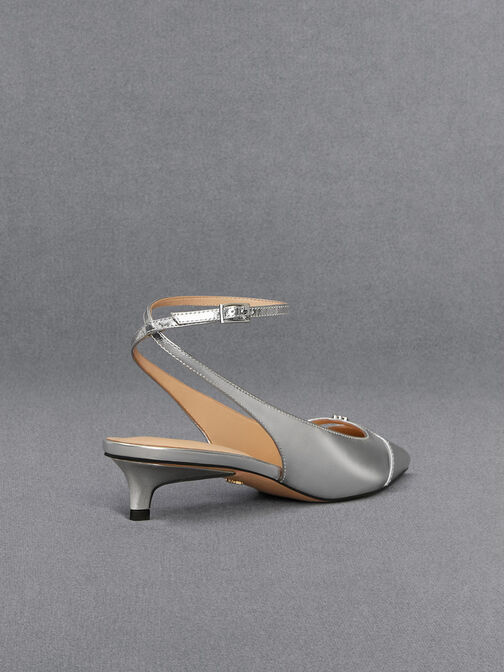 Metallic Leather Kitten-Heel Pumps, Silver, hi-res