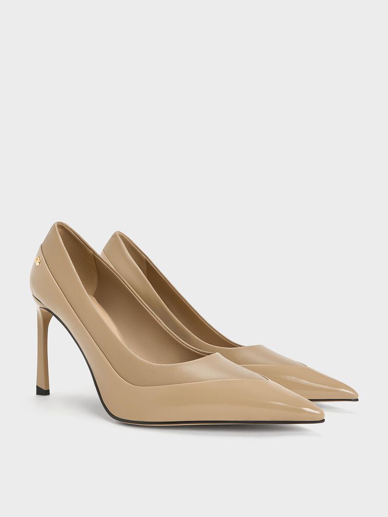 Leather & Patent Pointed-Toe Pumps, Taupe, hi-res
