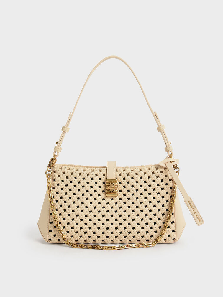 Nova Woven Chain-Handle Shoulder Bag, Beige, hi-res