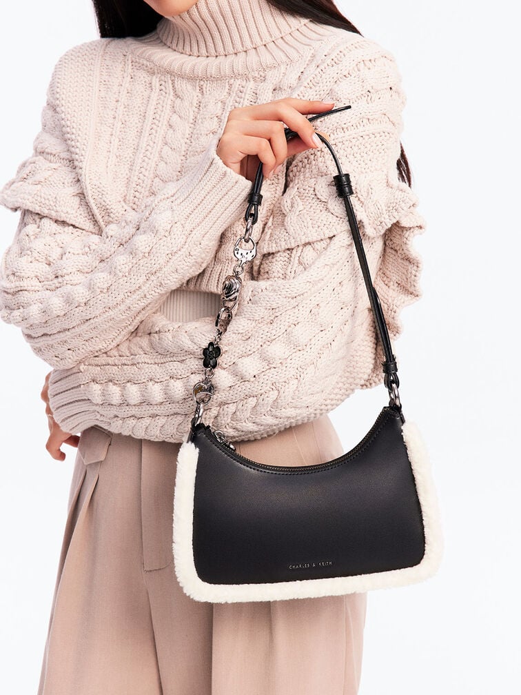 Lotso Fur-Trim Shoulder Bag, Black, hi-res