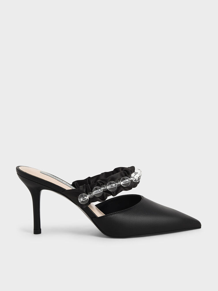 Ruched Satin Strap Mules, Black, hi-res