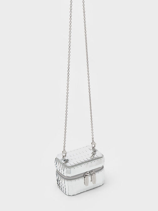 Disc-Embellished Vanity Pouch, Silver, hi-res