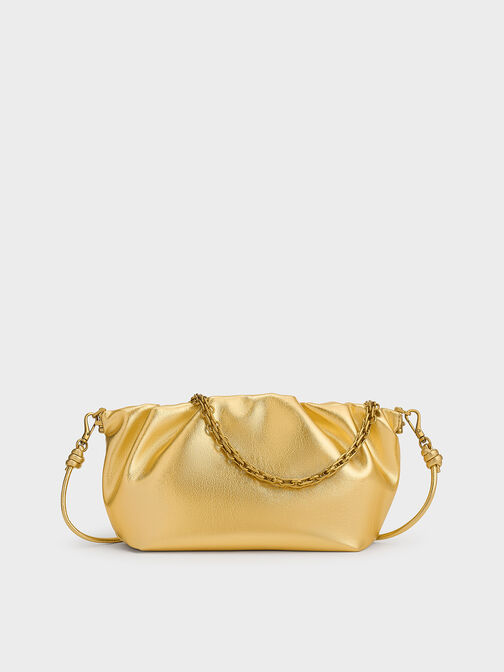 Brigette Metallic Ruched Chain-Handle Clutch, Gold, hi-res