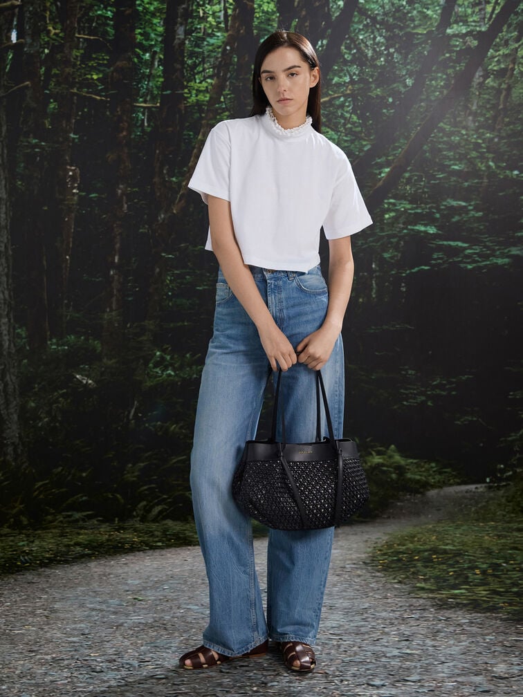 Calla Woven Tote Bag, Black, hi-res