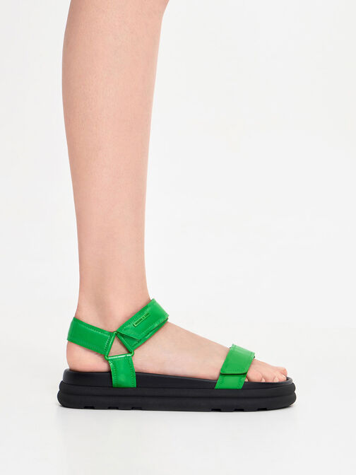 Patent Strappy Sports Sandals, Green, hi-res