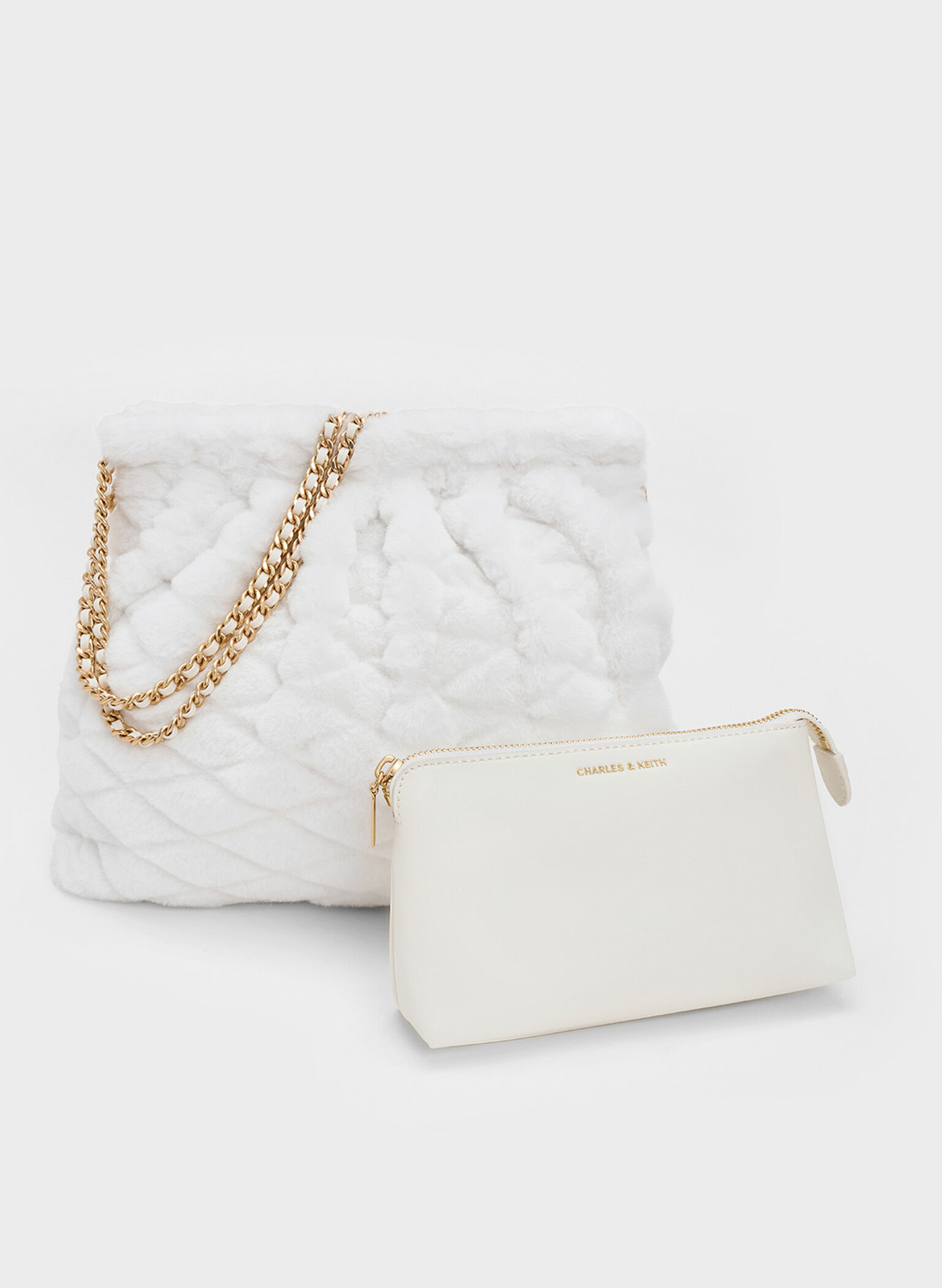 Duo Furry Chain-Handle Hobo Bag, White, hi-res