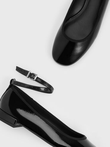 Patent Ankle-Strap Ballet Flats, Black Patent, hi-res