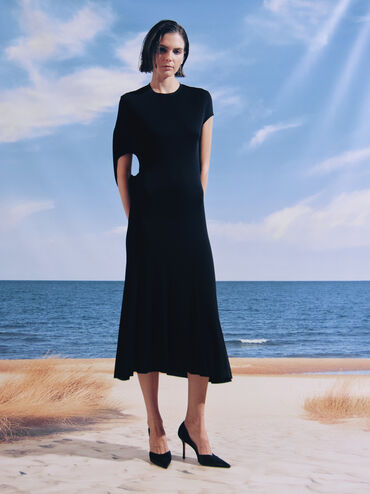 Satin Pointed-Toe D'Orsay Pumps, Black Textured, hi-res
