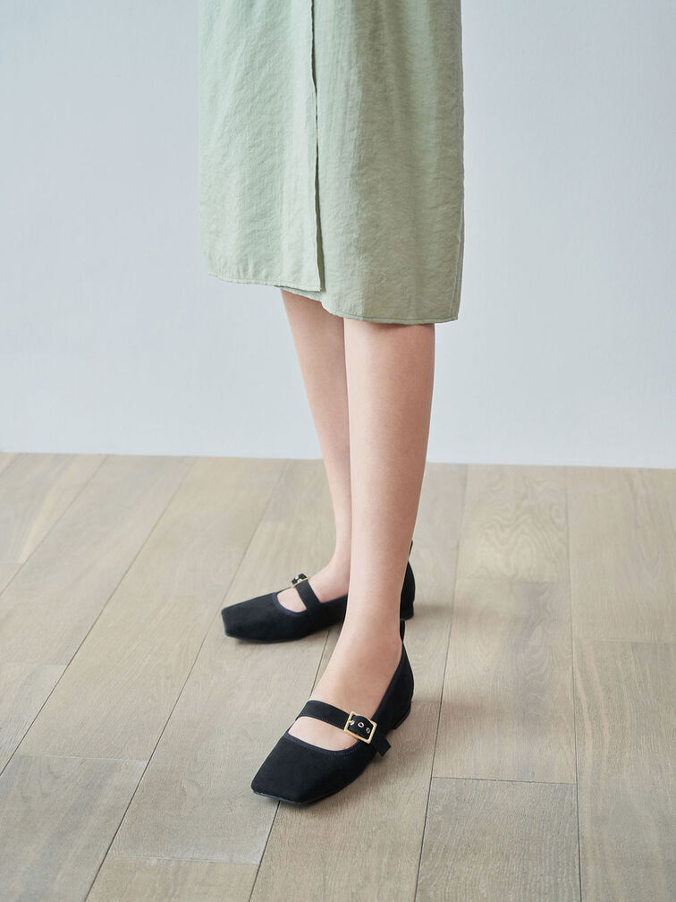 Textured Square Toe Mary Jane Flats, Black, hi-res