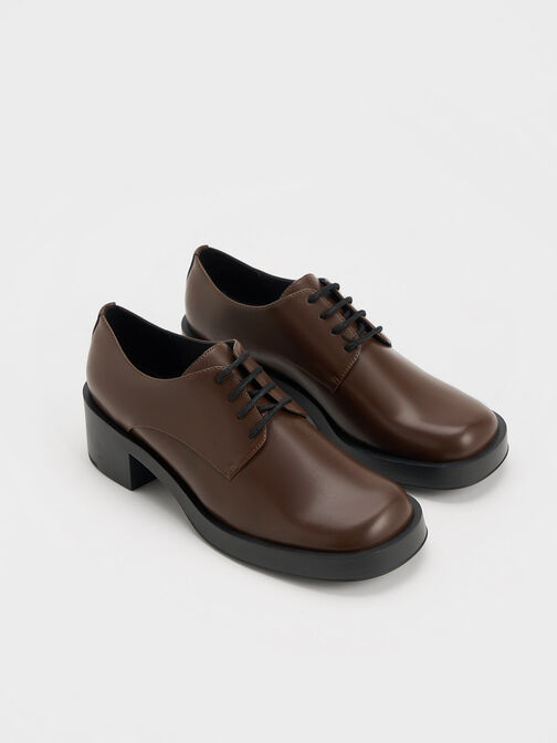 Block Heel Lace-Up Oxfords, Dark Brown, hi-res