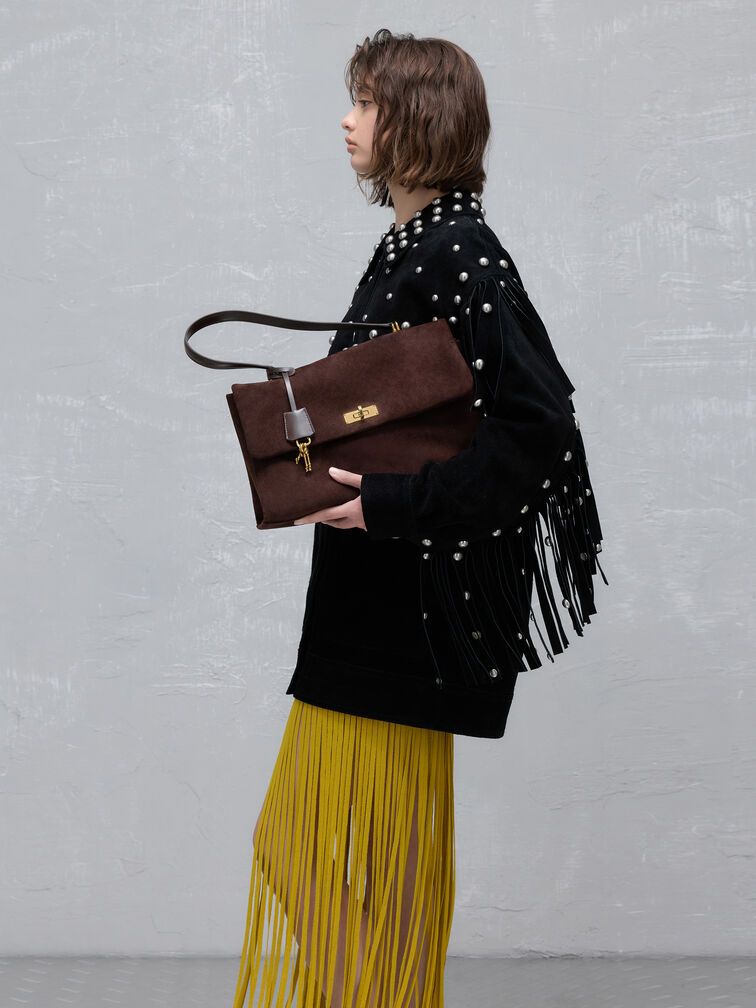 Kerry Recycled Suede Top Handle Satchel Bag, Espresso Brown, hi-res