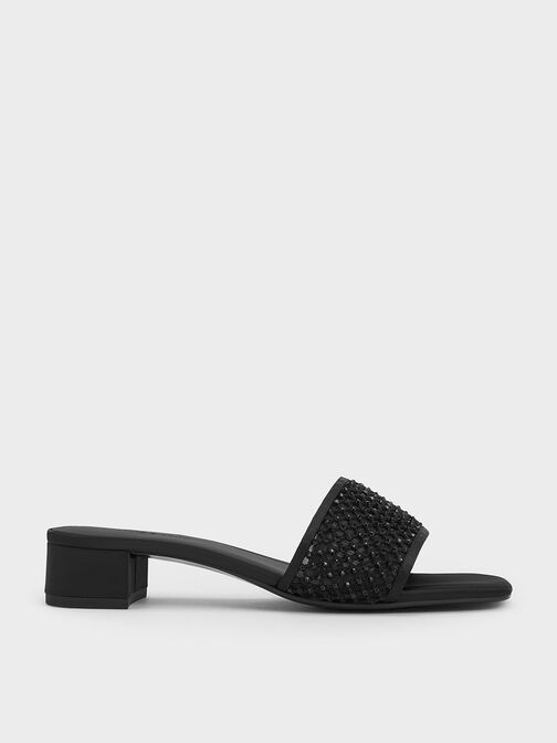 Mesh Crystal-Embellished Heeled Mules, Black Textured, hi-res