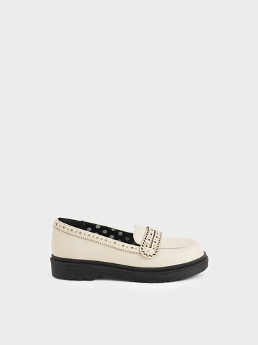 Girls' Studded Penny Loafers, Chalk, hi-res