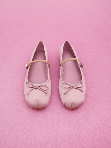 Satin Bow Mary Jane Flats, Pink, hi-res