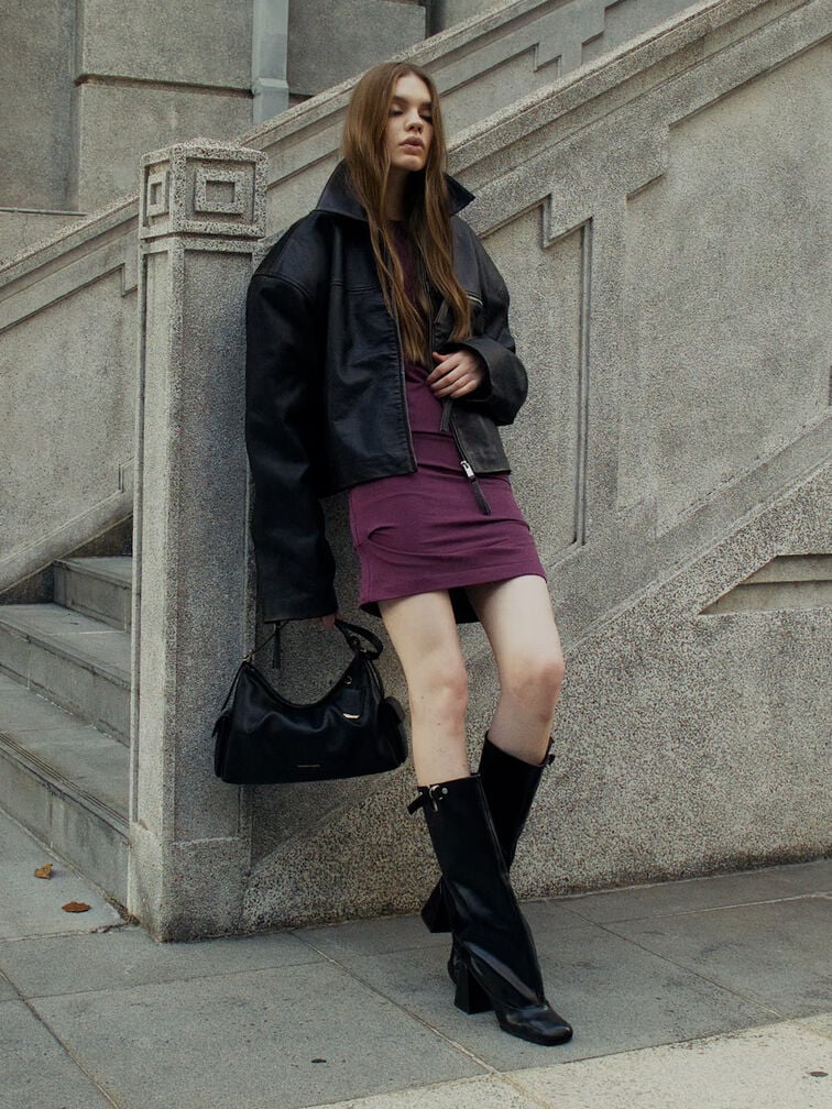 Robbie Side-Buckle Block-Heel Knee-High Boots, Black, hi-res