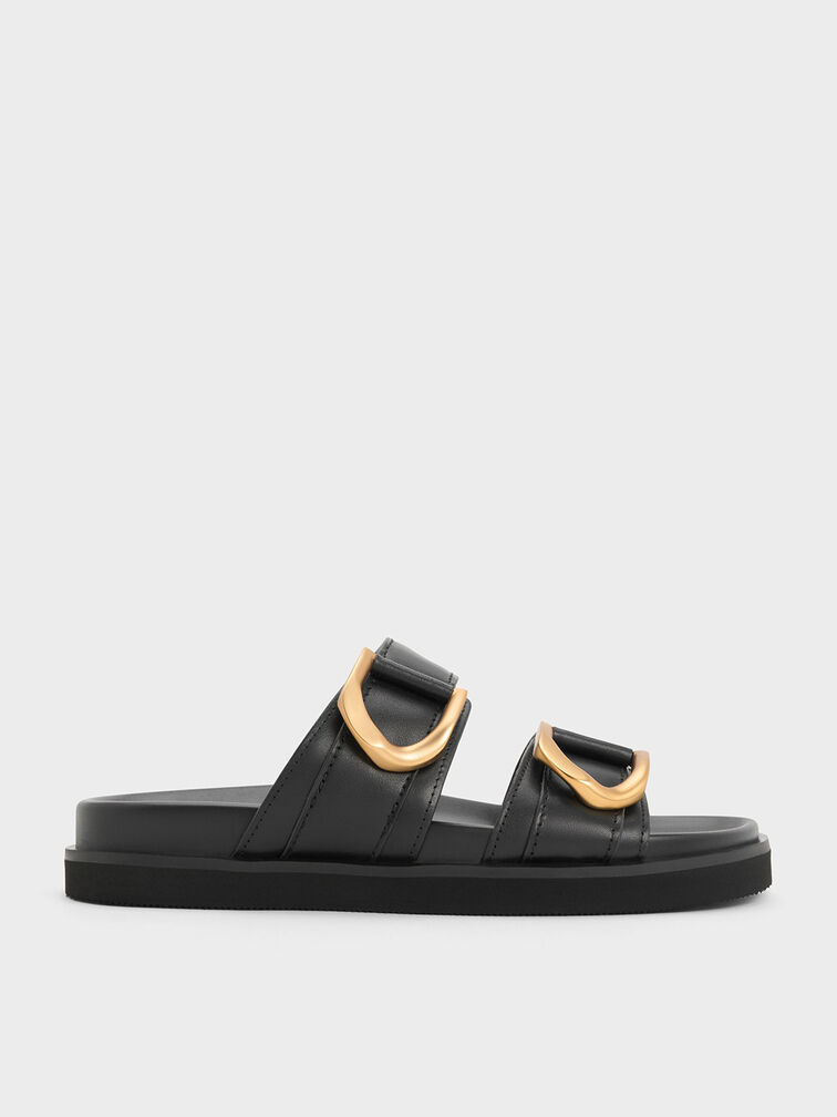 Black Gabine Buckled Leather Slides - CHARLES & KEITH US