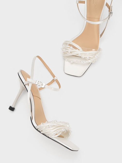 Leda Beaded Asymmetric Satin Sandals, White, hi-res