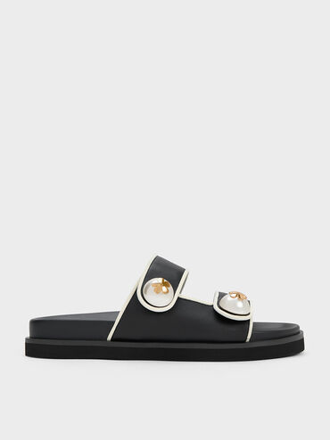 Pearl Embellished Contrast-Trim Slides, Black, hi-res