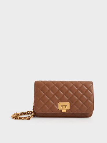 Quilted Push-Lock Clutch, Chocolate, hi-res