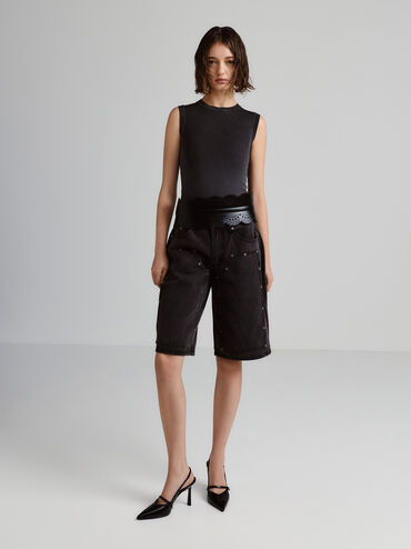 Zapatos de salón Helena con punta en punta y hebilla de perla, Negro pulido, hi-res