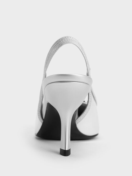 Zapatos de tacón destalonados efecto metalizado con punta afilada y hebilla, Plateado, hi-res