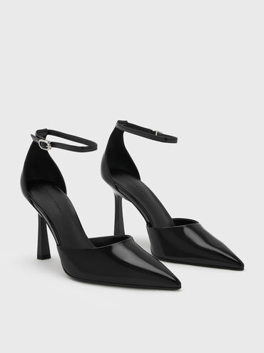 Zapatos de tacón D'Orsay con tira al tobillo y punta puntiaguda, Negro pulido, hi-res