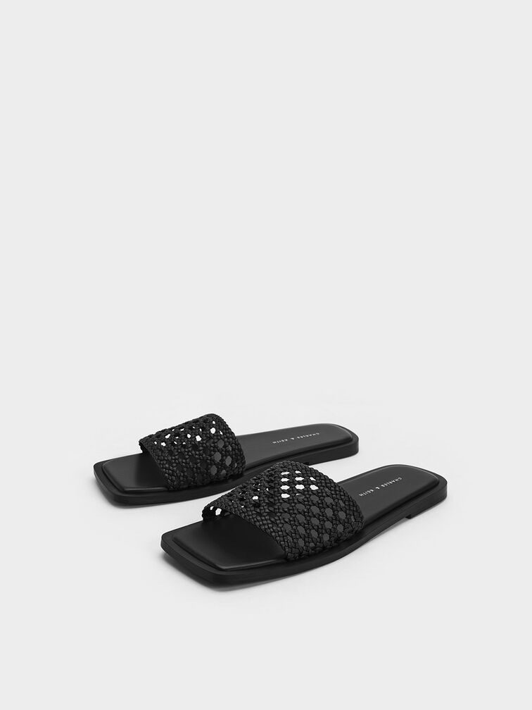 Black Woven Square-Toe Slides - CHARLES & KEITH SG