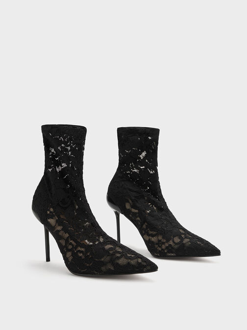 Lace & Mesh Ankle Boots, Black Textured, hi-res