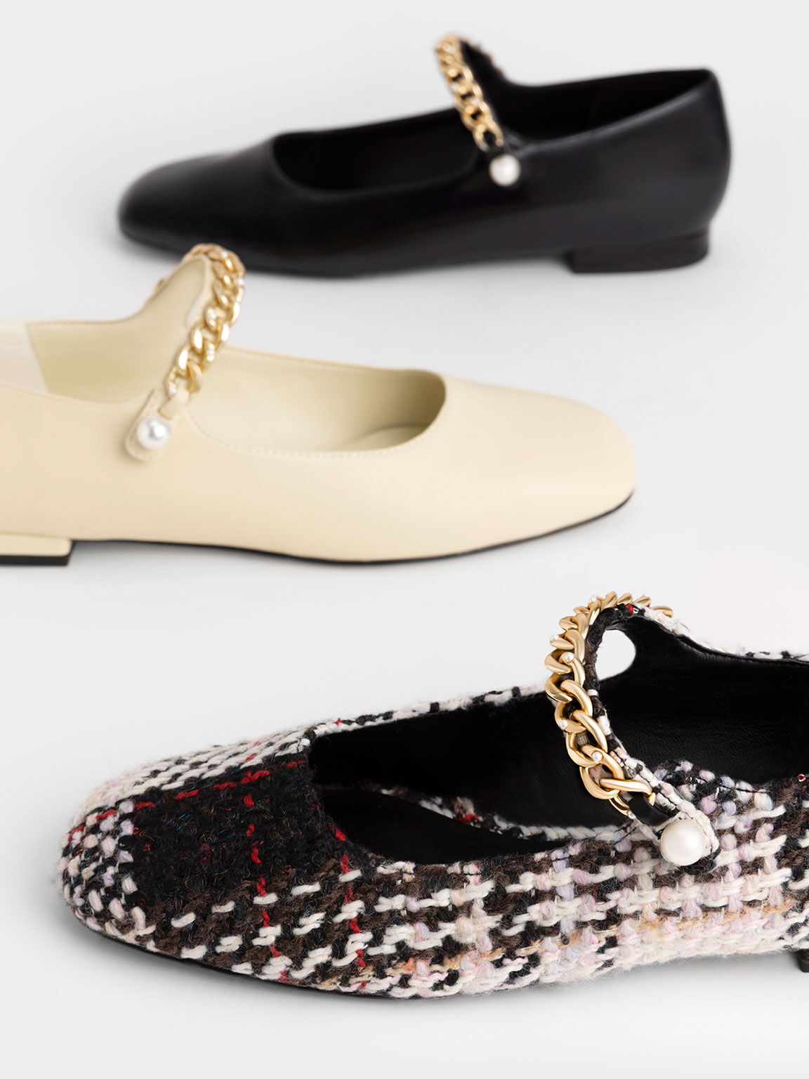 Beaded Chain-Link Mary Jane Flats, Black, hi-res