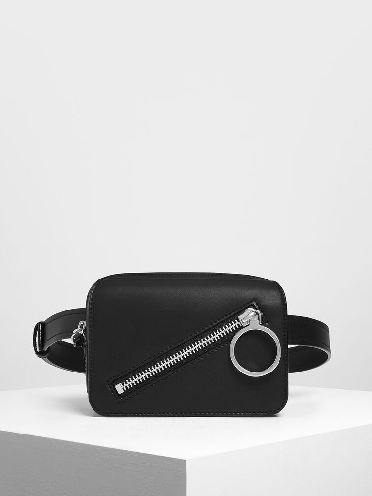 Ring Zip Pocket Two-Way Belt Bag, Black, hi-res
