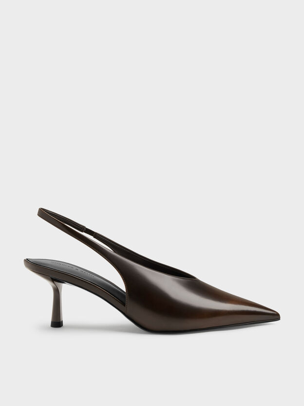 Pointed High-Vamp Slingback Pumps, Dark Brown, hi-res