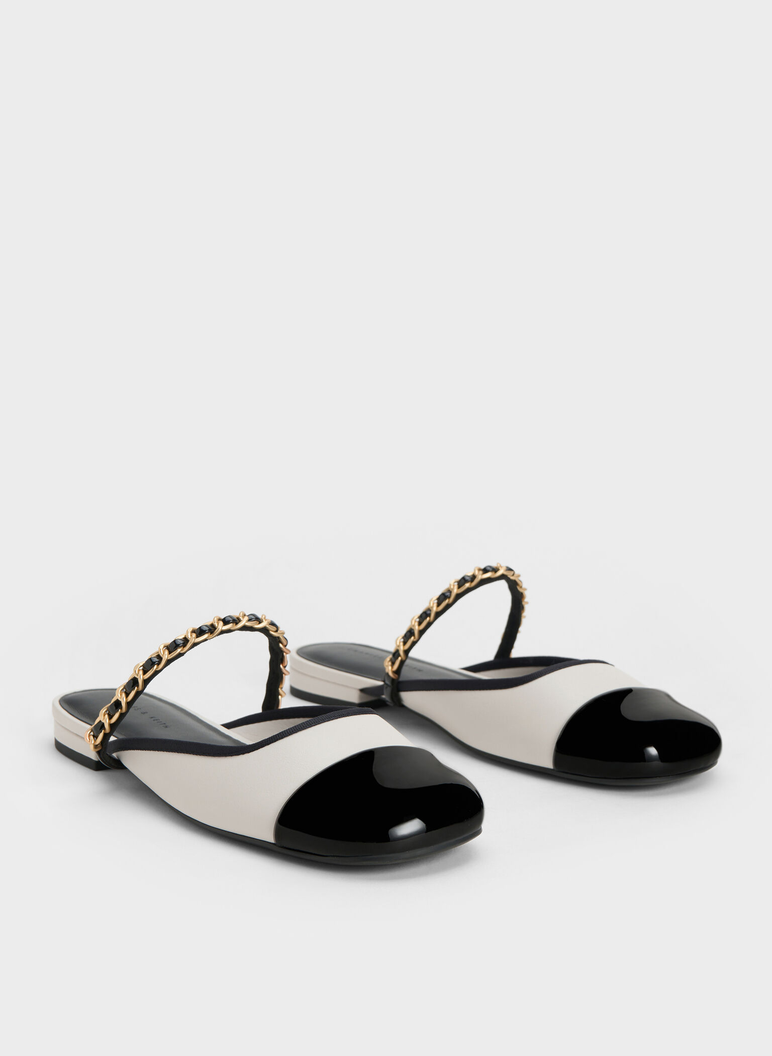 Patent Two-Tone Chain-Strap Mules, White, hi-res