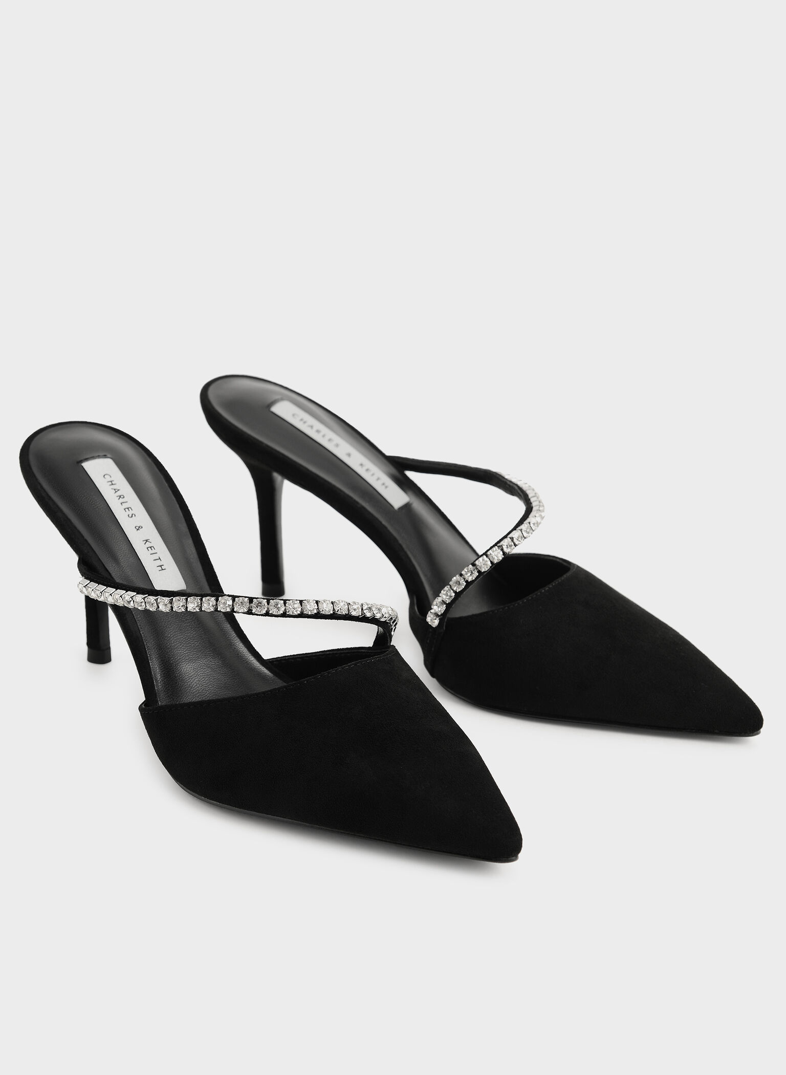 Gem-Encrusted Textured Stiletto Mules, Black, hi-res