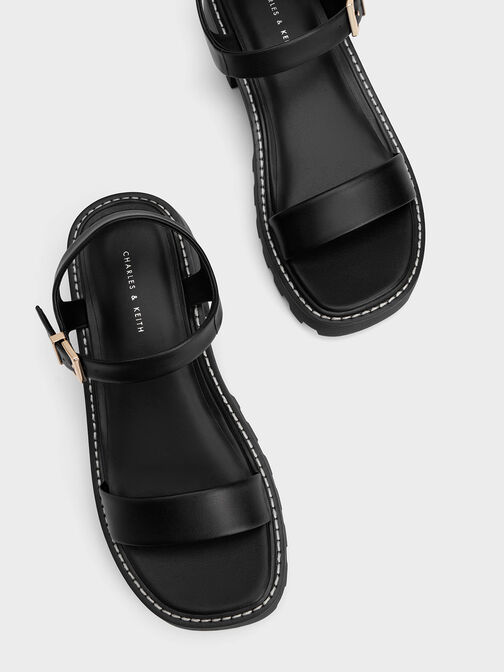 Stitch-Trim Buckled Sandals, Black, hi-res