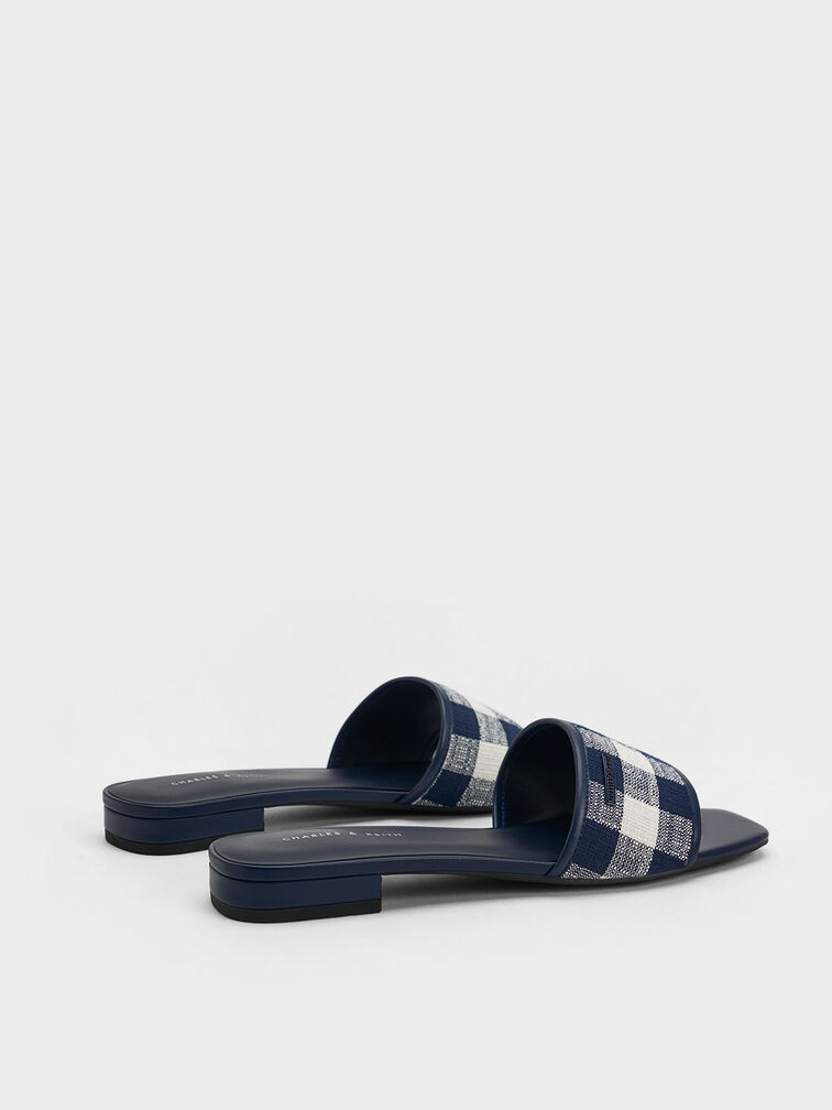 Woven Gingham Flat Sandals, Dark Blue, hi-res