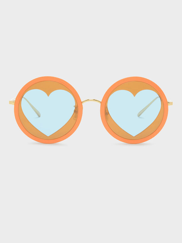 Heart-Shaped Frame Sunglasses, Orange, hi-res
