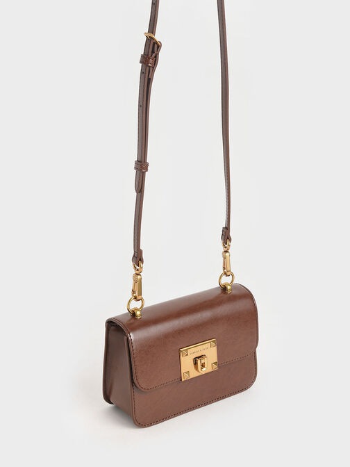Metallic Turn-Lock Bag, Chocolate, hi-res