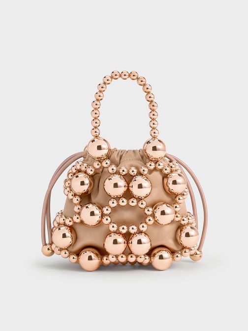 Metallic Beaded Top Handle Bag, Rose Gold, hi-res
