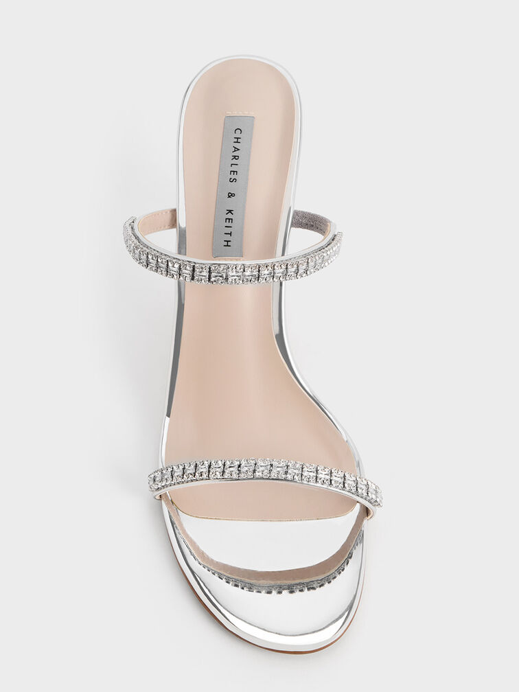 Ambrosia Metallic Gem-Embellished Heeled Mules, Silver, hi-res