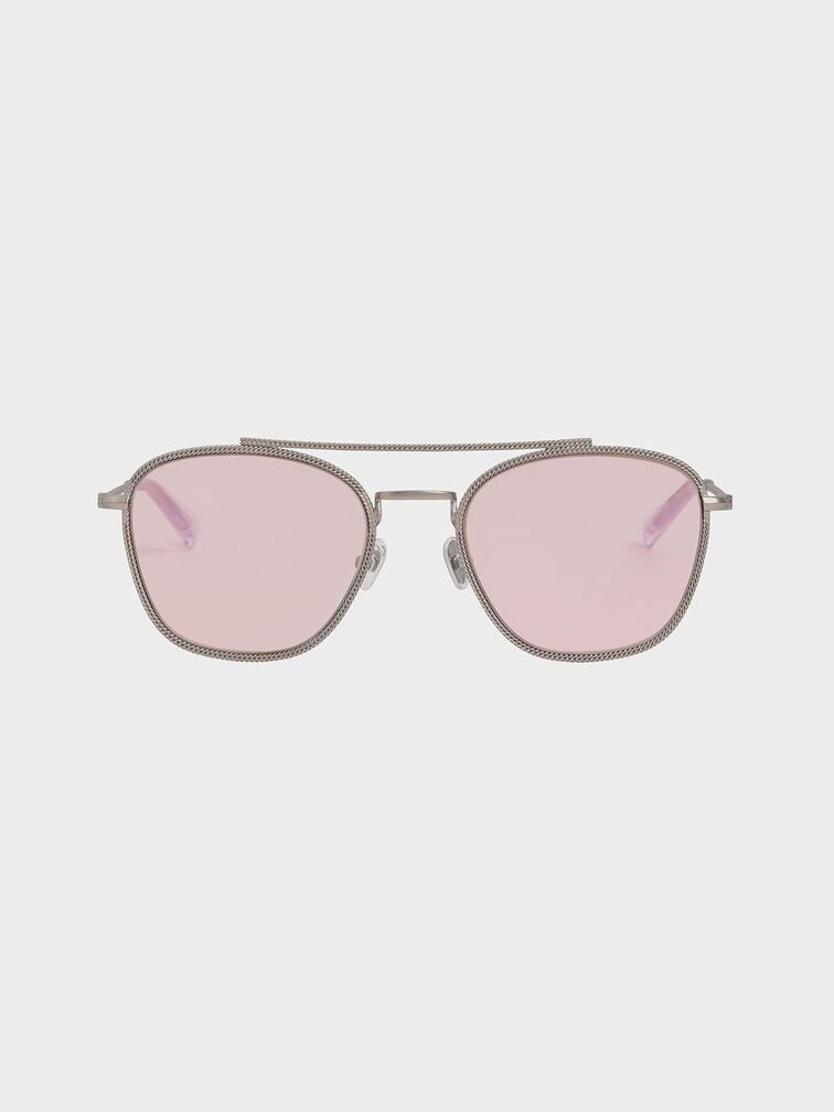 Double Bridge Wireframe Sunglasses, Pink, hi-res