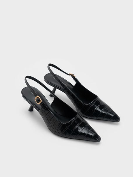 Zapatos de salón con tira trasera y tacón inclinado con efecto de cocodrilo, Animal print negro, hi-res